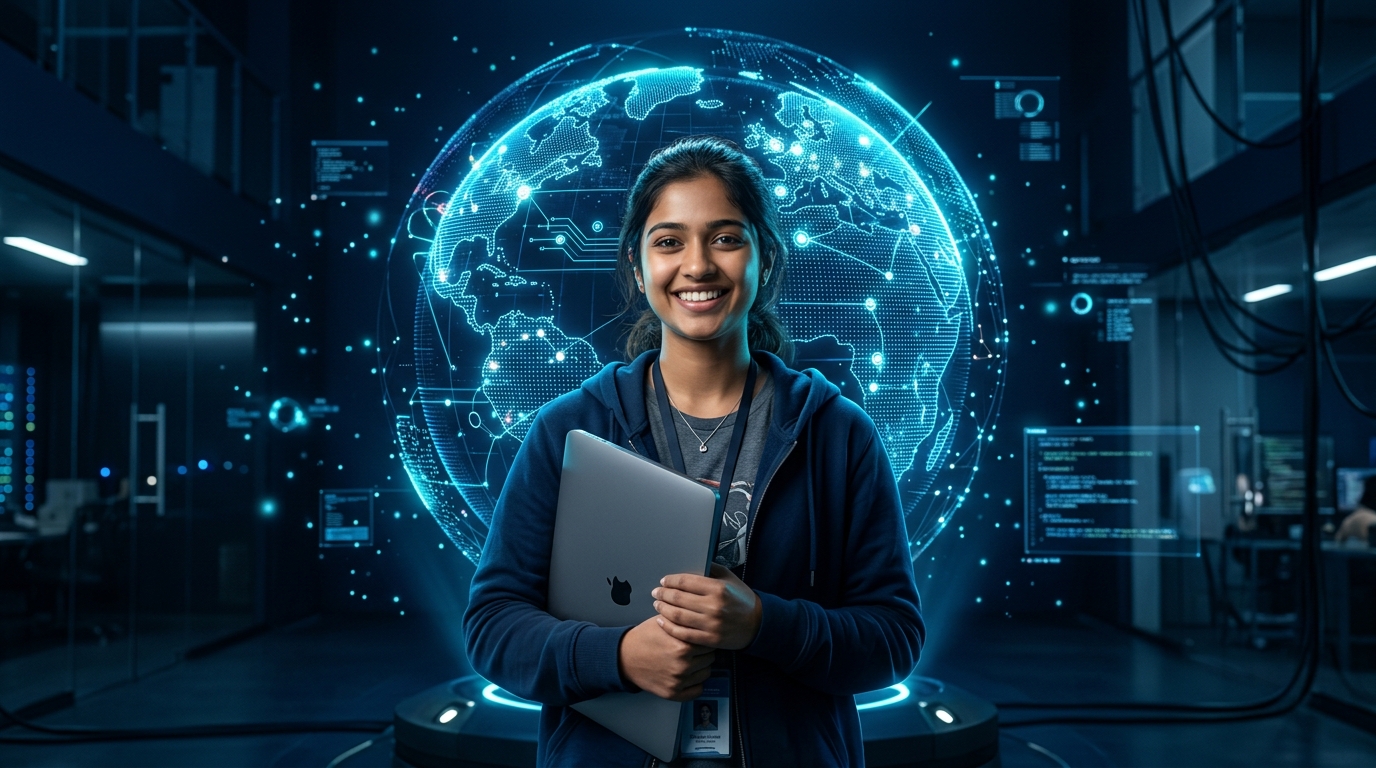 Female technology learner holding a laptop with holographic digital globe